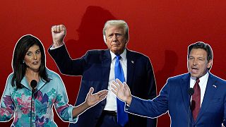 ران دسانتیس، دونالد ترامپ و نیکی هیلی در دومین روز کنوانسیون جمهوری‌خواهان، ۱۶ ژوئیه ۲۰۲۴