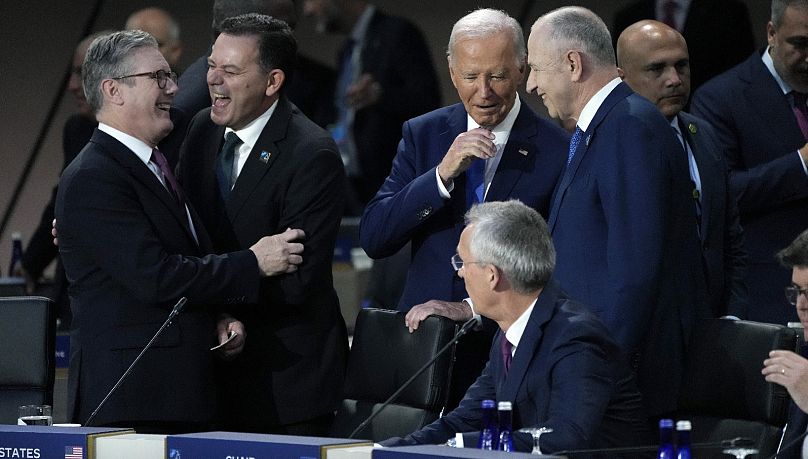 British Prime Minister Keir Starmer (L) with the leaders of Portugal, the US and NATO's chief in Washington on July 11, 2024.