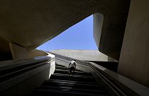 A man walks up the steps at Eleftheria, Liberty, square in central of capital Nicosia, Cyprus, Friday, May 17, 2024