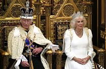 King Charles III looks up as he waits to read the King's Speech, as Queen Camilla sits beside him during the State Opening of Parliament in the House of Lords, London.