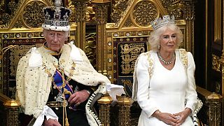 King Charles III looks up as he waits to read the King's Speech, as Queen Camilla sits beside him during the State Opening of Parliament in the House of Lords, London.
