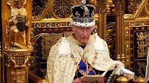 King Charles III looks up as he reads the King's Speech, during the State Opening of Parliament in the House of Lords, London, Wednesday, July 17, 2024. 
