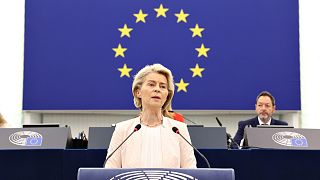 Ursula von der Leyen fez o seu discurso de reeleição perante o Parlamento Europeu em Estrasburgo.