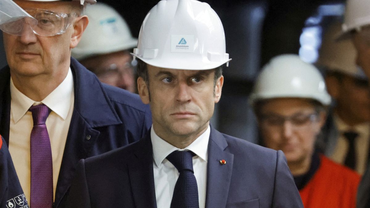 French President Emmanuel Macron visits the Aluminium Dunkerque factory in Dunkirk, northern France, Friday, May 12, 2023.