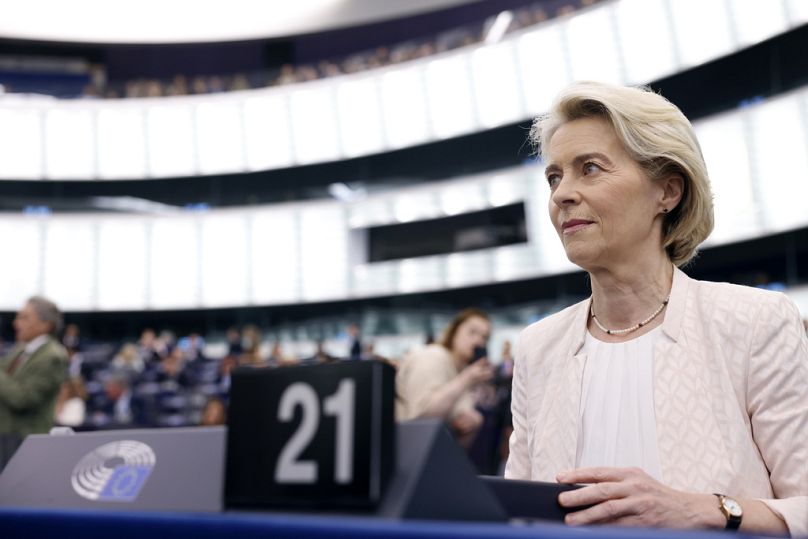 European Commission President Ursula von der Leyen takes her seat in the plenary at the European Parliament in Strasbourg, 18 July 2024