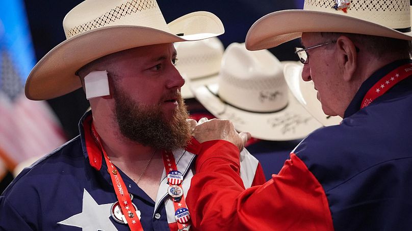 Trump supporter wearing a cowboy hat and a "bandage"