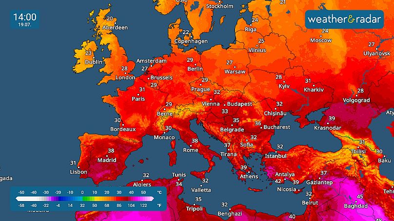 Prévisions du radar de température de Weather&Radar pour vendredi 18 juillet.