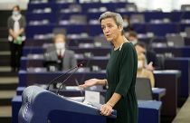 Margrethe Vestager, Comisaria Europea de "Europa en la era digital", pronuncia un discurso en el Parlamento Europeo.