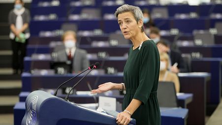 European Commissioner for Europe fit for the Digital Age Margrethe Vestager delivers a speech in the EU Parliament.
