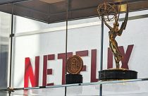 Awards, including an Emmy, are displayed at Netflix headquarters Los Gatos, California