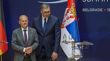 German Chancellor Olaf Scholz, left, and Serbian President Aleksandar Vucic at the Serbia Palace in Belgrade, Serbia, Friday, July 19, 2024.