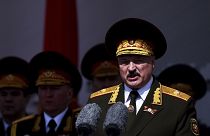 President Alexander Lukashenko of Belarus gives a speech during a military parade in Minsk