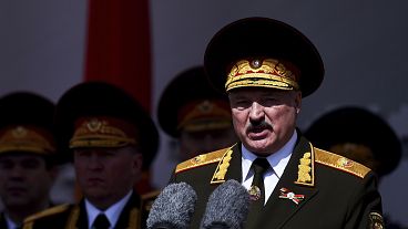President Alexander Lukashenko of Belarus gives a speech during a military parade in Minsk