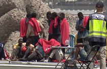 Migrants at the port in Arguineguín after arriving in Gran Canaria by boat, July 19, 2024