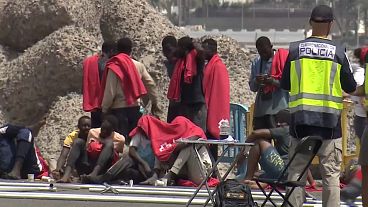 Migrants at the port in Arguineguín after arriving in Gran Canaria by boat, July 19, 2024
