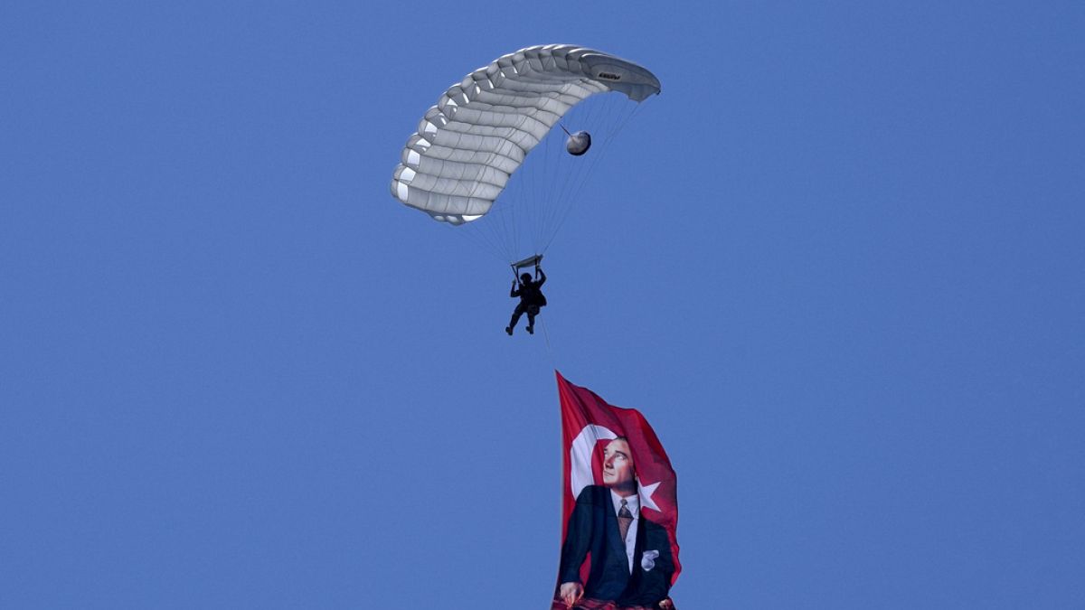 Ein türkischer Fallschirmspringer schwebt mit einer türkischen Flagge und einem Porträt von Atatürk über die Militärparade im türkisch besetzten Teil Nikosias, 20. Juli 2024.