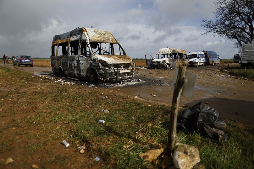 Police vehicles were set on fire by reservoir protesters in Sainte-Soline last year.