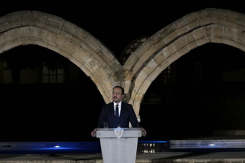 Cyprus' President Nikos Christodoulides talks during an event marking the 50th anniversary of the Turkish invasion in Nicosia, July 20, 2024