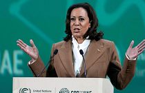 La vicepresidenta Kamala Harris habla en la Cumbre del Clima de la ONU COP28, el 2 de diciembre de 2023, en Dubai, Emiratos Árabes Unidos.