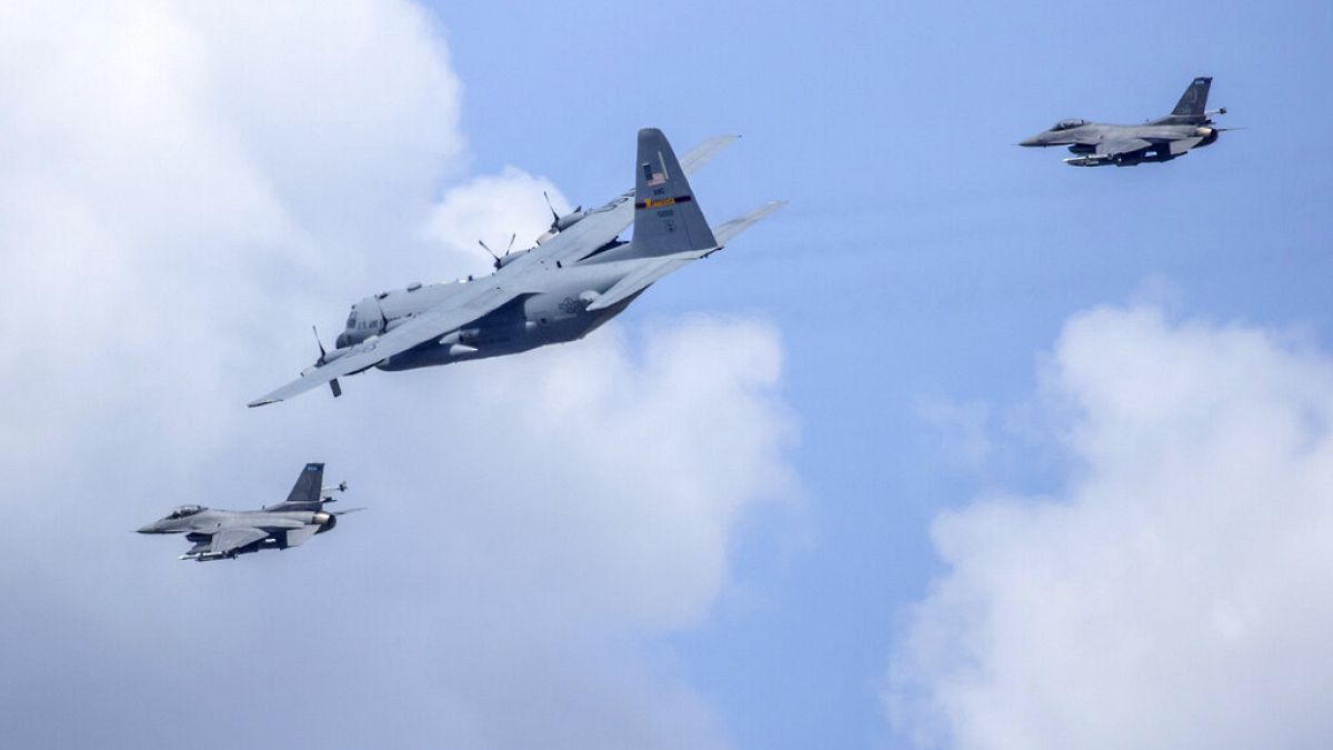 Multi aircraft formation featuring a C-130 from the 133rd Airlift Wing and two F-16s from the 148th Fighter Wing flew over United Hospital and Children's Minnesota.