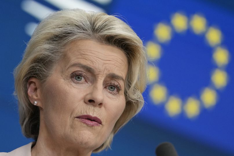 European Commission President Ursula von der Leyen addresses a media conference during an EU summit in Brussels, October 2023