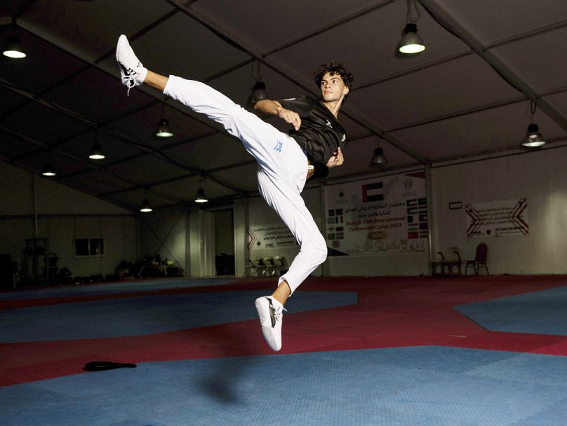 Omar Ismail, who was born in Dubai and will be competing for the Palestinian territories at the Paris Olympics, practices taekwondo in Sharjah