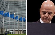 The EU Commission building in Brussels, left, and FIFA's president Gianni Infantino, right