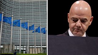 El edificio de la Comisión Europea en Bruselas, a la izquierda, y el Presidente de la FIFA, Gianni Infantino, a la derecha.