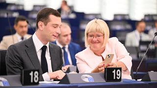 National Rally's Jordan Bardella (L) and Fidesz' Kinga Gal (R) holds respectively the presidency and the first vice presidency of the far-right Patriots for Europe group.