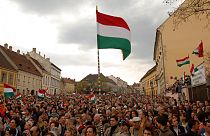 Supporters of the senior opposition party, the Fidesz - Hungarian Civic Alliance wave flags during a campaign rally in the Castle of Buda in Budapest, Monday, 10 April 2006. 