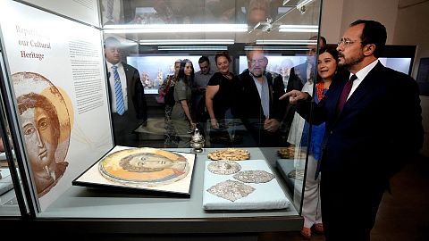 Cyprus' President Nikos Christodoulides stands before a repatriated Orthodox Christian icon at the Archeological Museum in Nicosia, Cyprus, on Monday, 22 July 2024.
