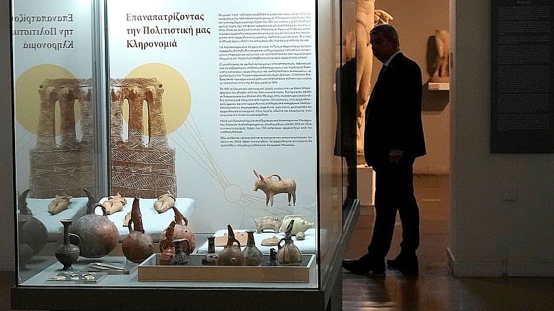 Antiquities repatriated from Germany and put on display at the Archeological museum, in capital Nicosia, Cyprus, Monday, 22 July 2024. 