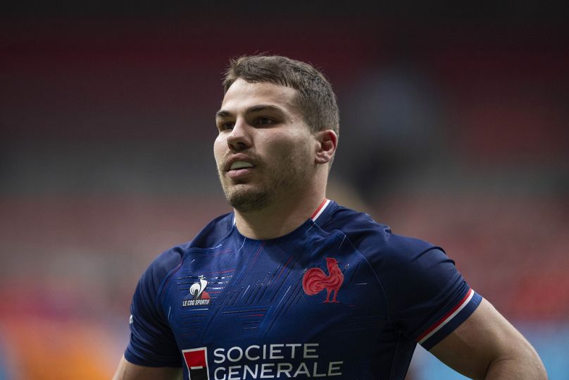 France's Antoine Dupont walks in the try zone after France's try against the United States during a Vancouver Sevens rugby match Friday, Feb. 23, 2024, in Vancouver, Canada