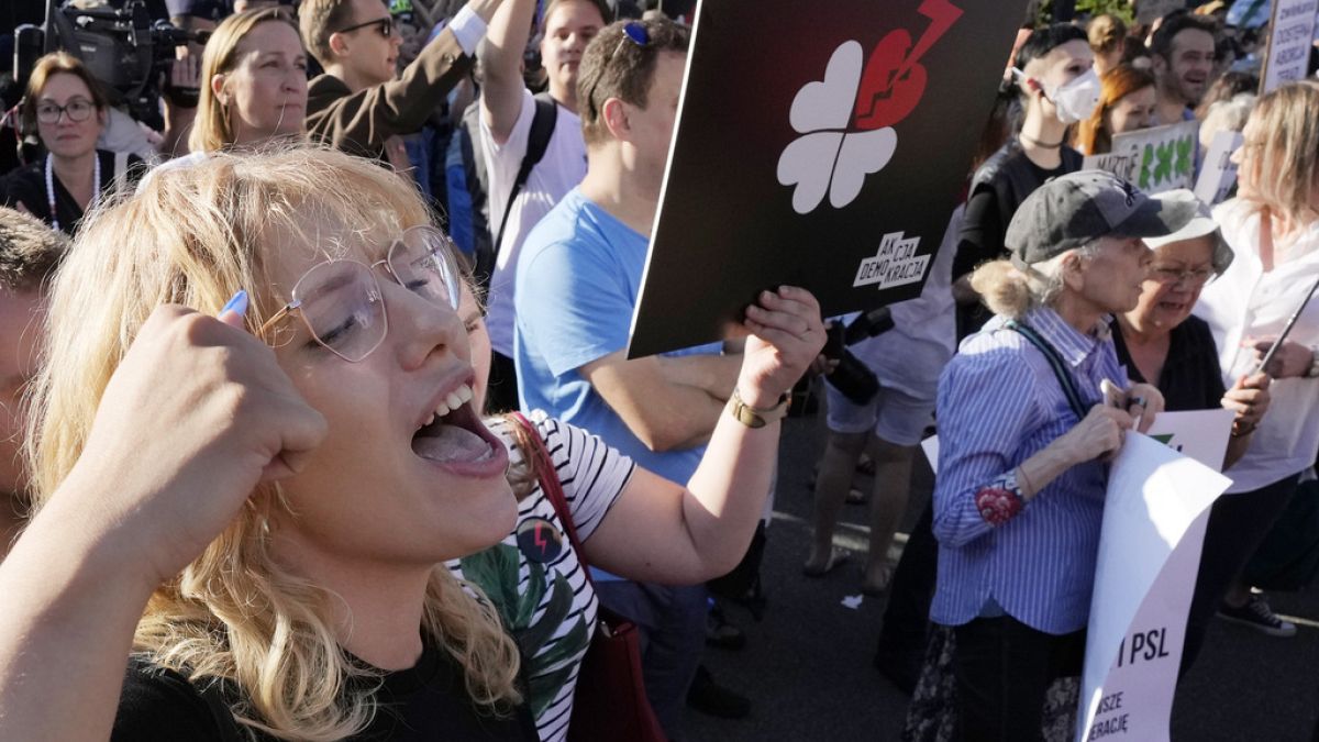 People protest before Poland's parliament against the recent failure by the centrist government of Prime Minister Donald Tusk to muster sufficient support for a vote.