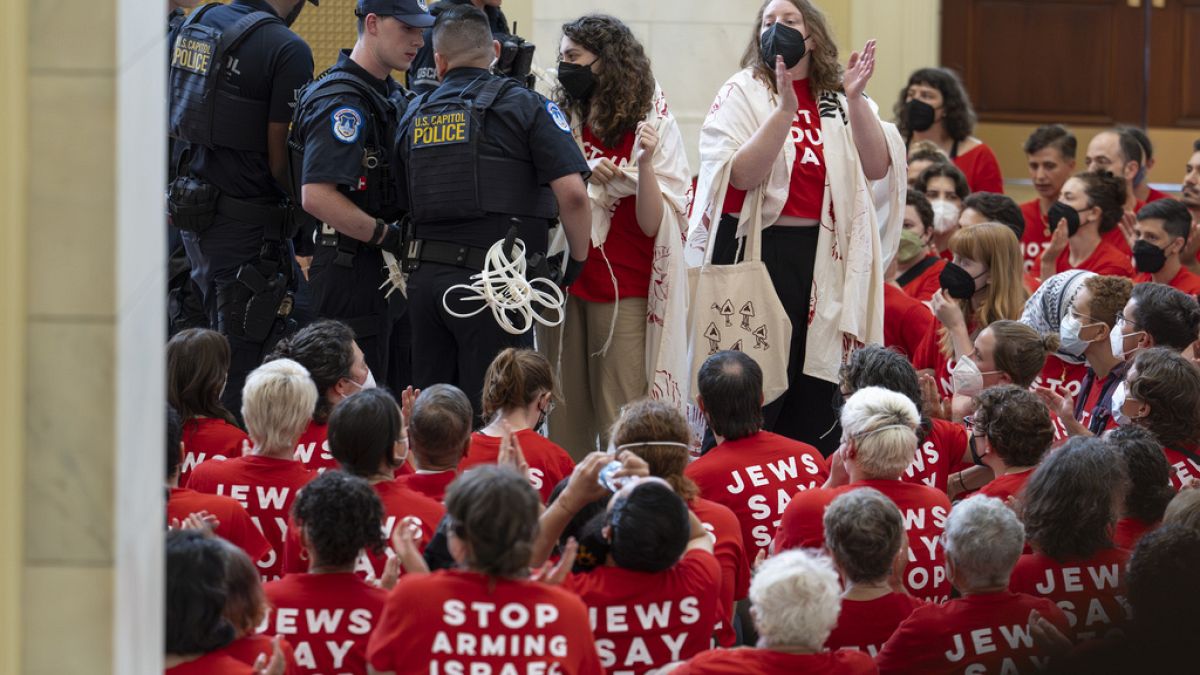 Göstericiler, İsrail'in politikalarını protesto ediyor, Cannon House Ofis Binası, Amerikan Kongre Binası, Washington, 23 Temmuz 2024. 