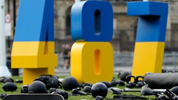 A display with sports equipment and the number 487 is arranged at Parliament Square in London, Wednesday, July 24, 2024