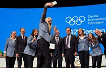 Former US skier Lindsey Vonn makes a selfie with the Salt Lake City delegation after Salt Lake City was named Olympics host again for 2034