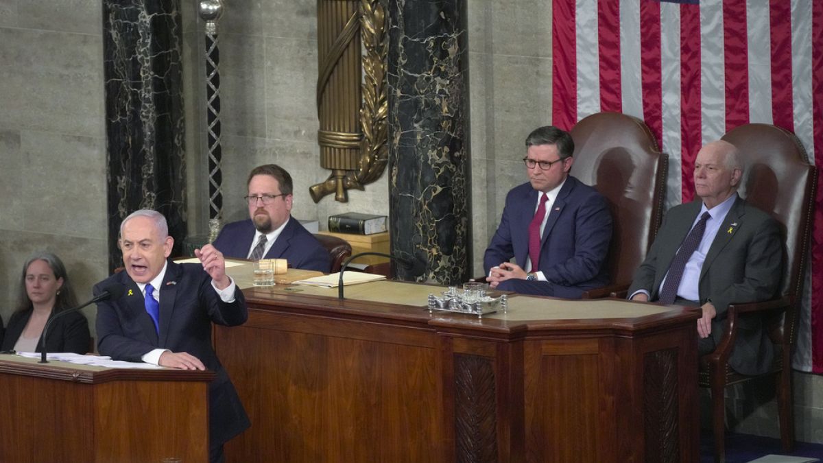 O primeiro-ministro israelita Benjamin Netanyahu discursa no Congresso dos EUA em Washington D.C., quarta-feira, 24 de julho de 2024.