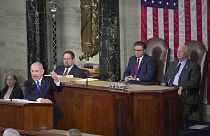 O primeiro-ministro israelita Benjamin Netanyahu discursa no Congresso dos EUA em Washington D.C., quarta-feira, 24 de julho de 2024.