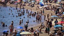 Bañistas se refrescan en el agua mientras otros toman el sol en una playa de Barcelona, España, miércoles 24 de julio de 2024.