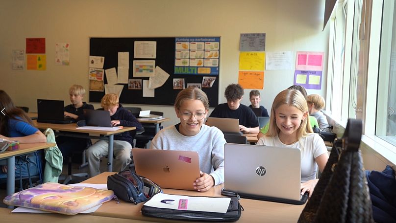 Students learn in a classroom in the Taastrup Realskole in Denmark.