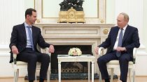 Syrian President Bashar Assad, left, and Russian President Vladimir Putin pose during their meeting in Moscow, Russia, Wednesday, July 24, 2024. 