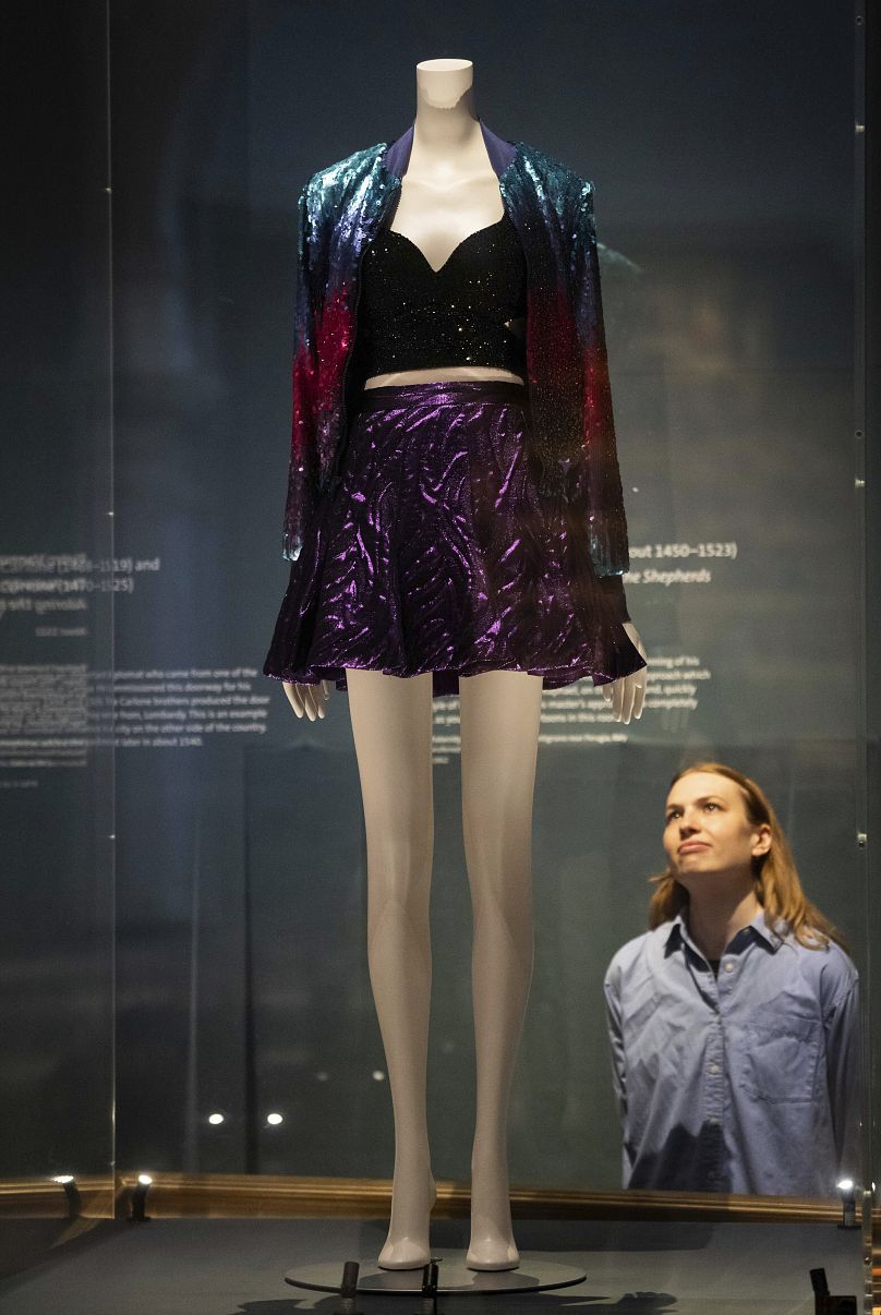 An outfit worn by Taylor Swift during the 1989 tour displayed at the 'Taylor Swift Songbook Trail Exhibition' in the Raphael Gallery at the Victoria & Albert Museum