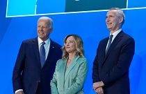 President Joe Biden and NATO Secretary General Jens Stoltenberg welcome Italy's Prime Minister Giorgia Meloni to the NATO Summit in Washington.