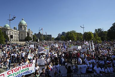 People attend a protest against pollution and the exploitation of a lithium mine in western part of the country, in Belgrade, Serbia, on Sept. 11, 2021.