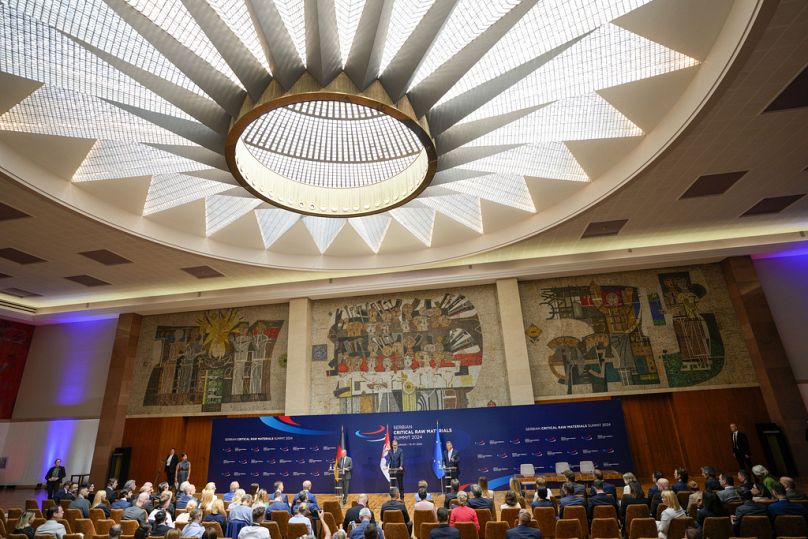 Serbian President Aleksandar Vucic speaks during a press conference with German Chancellor Olaf Scholz and European Commission Vice-President Maros Sefcovic in Belgrade