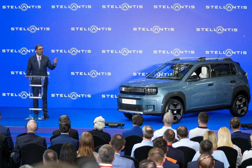 Serbian President Aleksandar Vucic speaks during the inauguration ceremony of a new assembly plant for Fiat Grande Panda in the Stellantis factory in Kragujevac, July 22, 2024