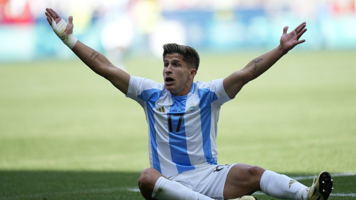 Argentina's Giuliano Simeone reacts during the men's group stage game VS Morocco at the Paris Olympics