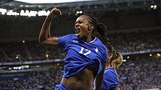 France's Marie-Antoinette Katoto celebrates after scoring during the women's Group A fotball match between France and Colombia