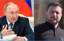 Vlagyimir Putyin orosz-, és Volodomir Zelenszkij ukrán elnök
